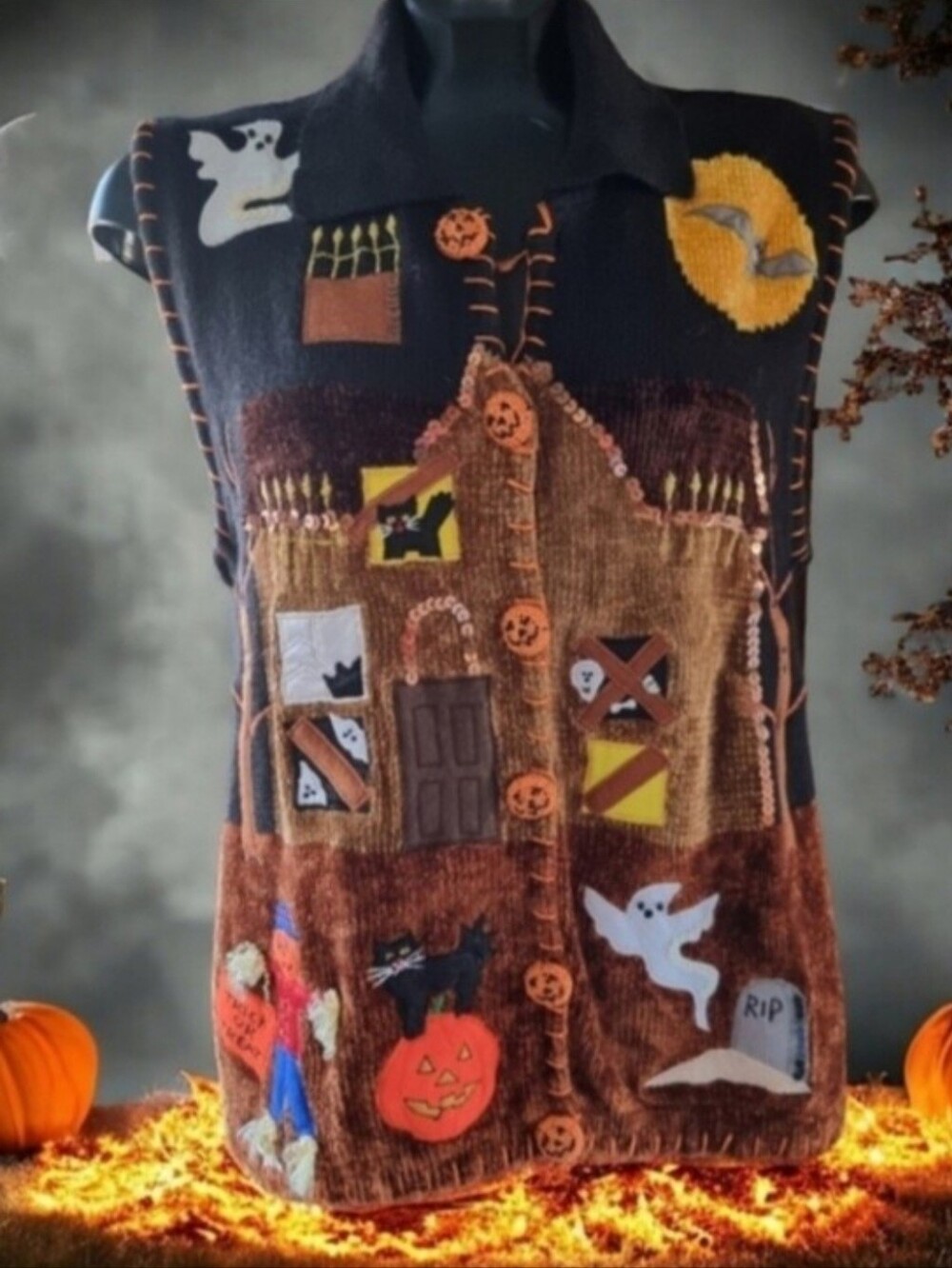 Vintage 90s Y2K Victoria Harbour Halloween Unisex Knit Embellished Vest Size M